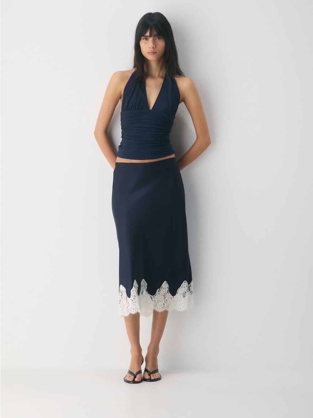 NWT - Aritzia Henrietta Satin Skirt with Lace - Admiral/Light Birch - Medium